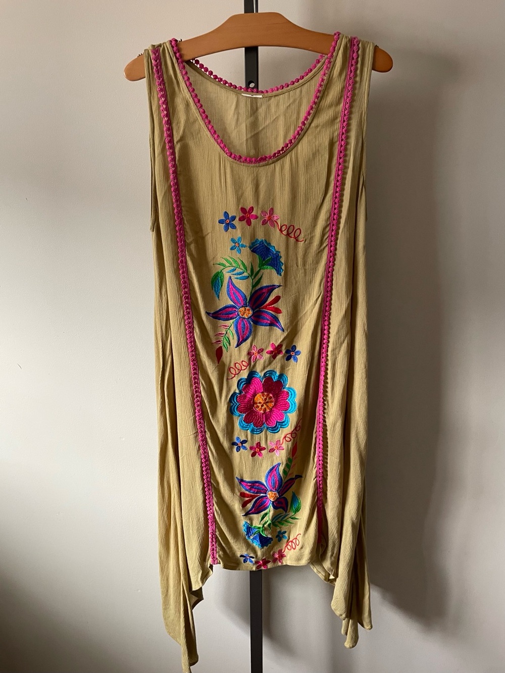 Boho Pom Pom Floral Embroidered Peasant Dress Festival Whimsigoth Fairycore